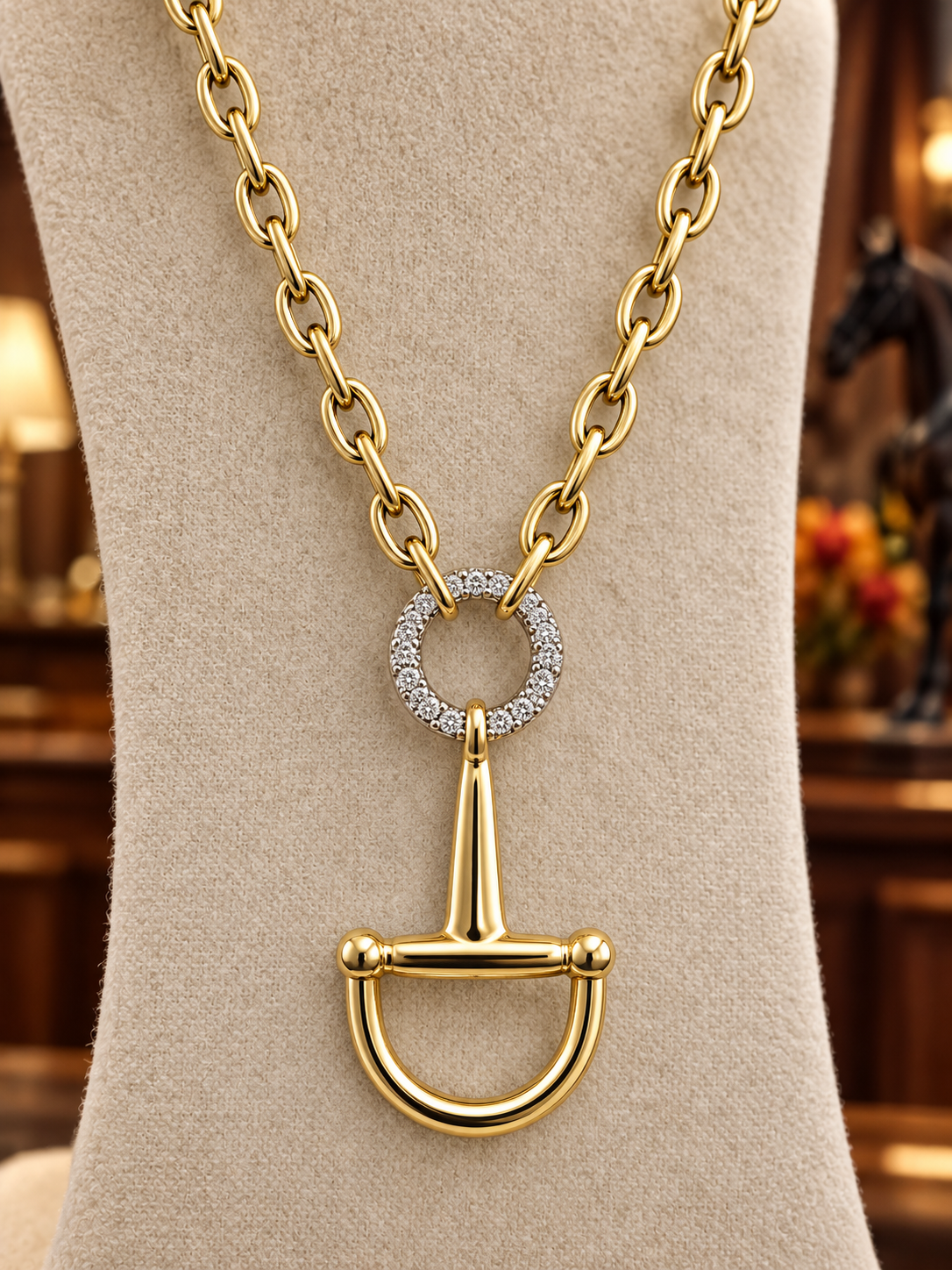 Gold Stirrup Necklace, Equestrian Pendant Necklace, Horse Lover Jewelry, Crystal Accent Gold Chain, Horse Rider Gift, Equestrian Jewelry
