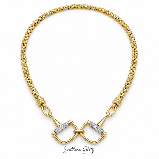 Gold Snaffle Bit Necklace, Crystal Equestrian Necklace, Horse Bit Statement Jewelry, Horse Lover Gift, Equestrian Rider Necklace