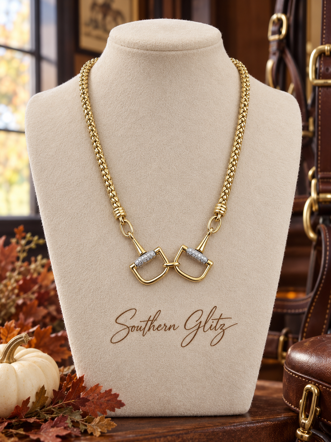 Gold Snaffle Bit Necklace, Crystal Equestrian Necklace, Horse Bit Statement Jewelry, Horse Lover Gift, Equestrian Rider Necklace