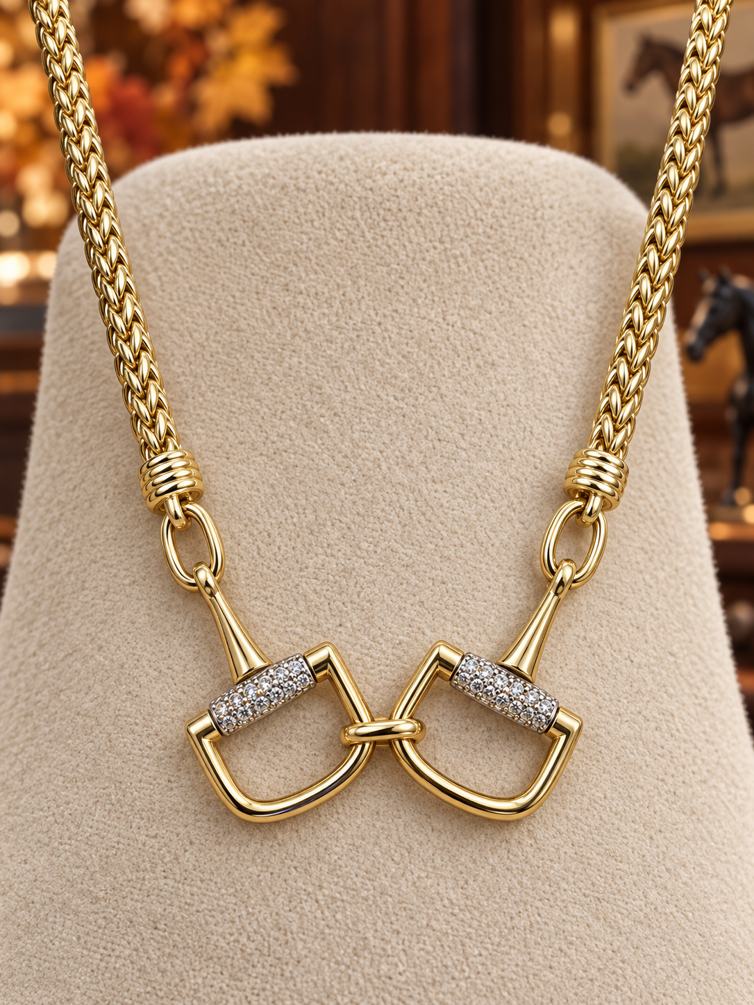 Gold Snaffle Bit Necklace, Crystal Equestrian Necklace, Horse Bit Statement Jewelry, Horse Lover Gift, Equestrian Rider Necklace