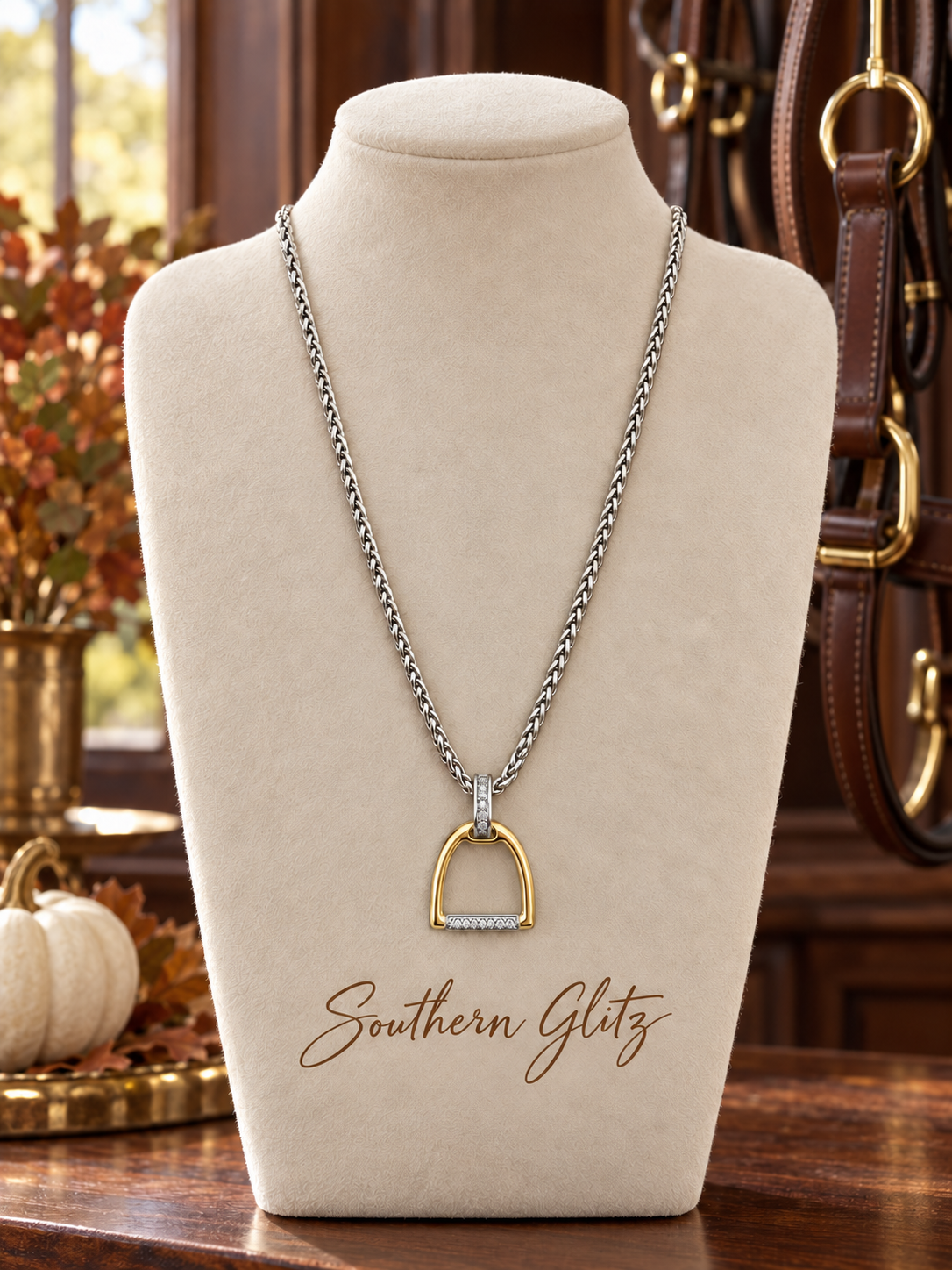 Two Tone Equestrian Stirrup Necklace, Gold & Silver Horse Lover Pendant, Crystal Accent Riding Jewelry, Equestrian Gift for Her