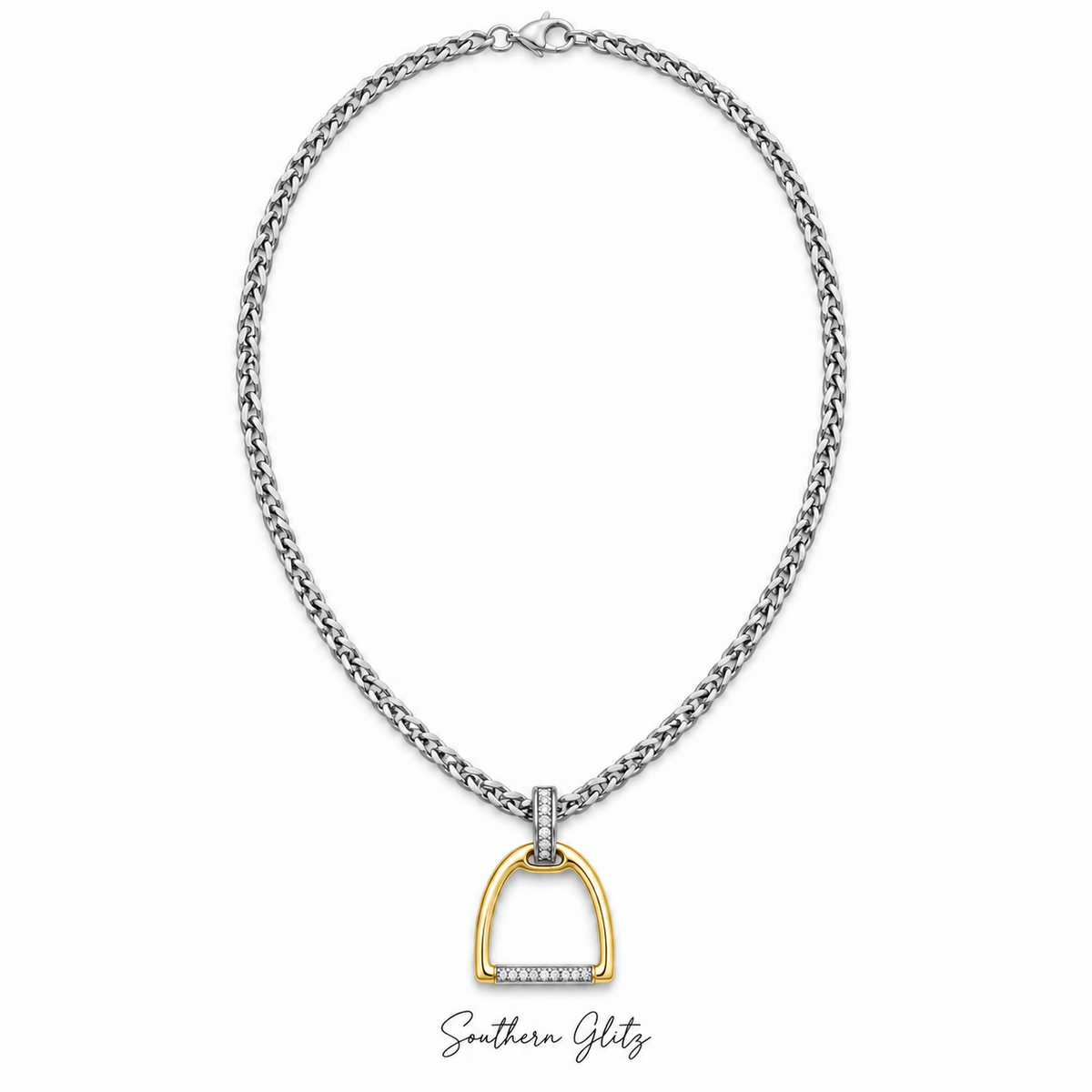 Two Tone Equestrian Stirrup Necklace, Gold & Silver Horse Lover Pendant, Crystal Accent Riding Jewelry, Equestrian Gift for Her