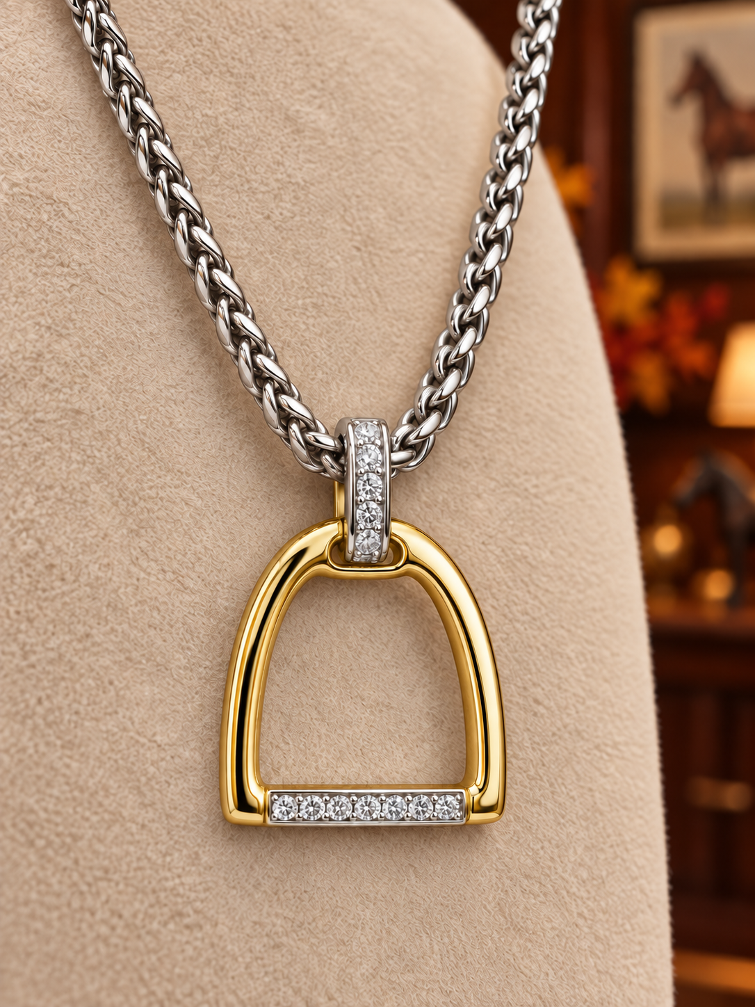 Two Tone Equestrian Stirrup Necklace, Gold & Silver Horse Lover Pendant, Crystal Accent Riding Jewelry, Equestrian Gift for Her