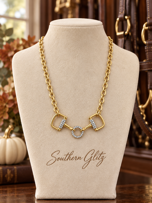Gold Snaffle Bit Necklace, Equestrian Horse Bit Jewelry, Crystal Accent Horse Lover Necklace, Rider Gift, Equestrian Jewelry