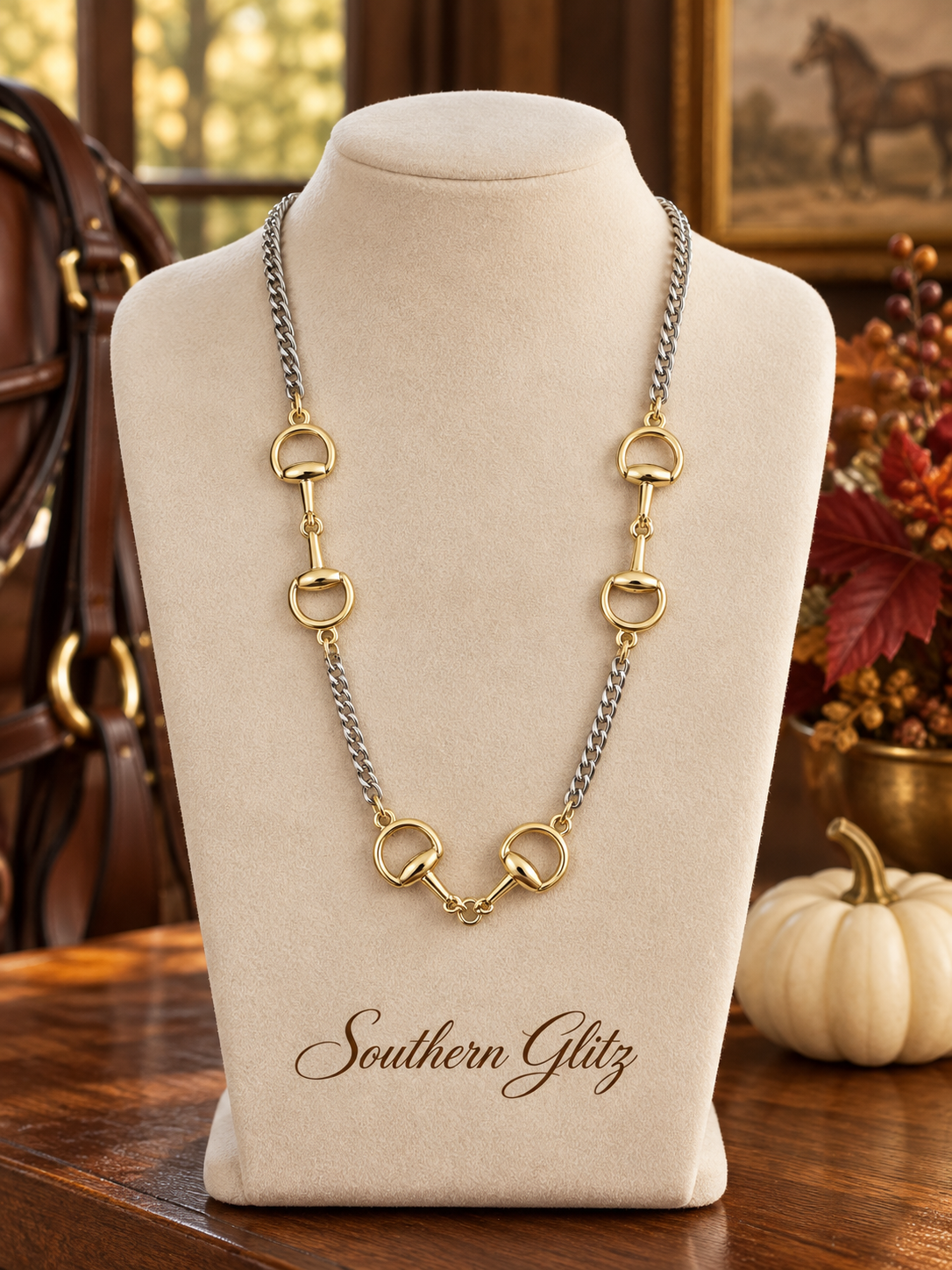 Two Tone Horse Bit Necklace, Gold and Silver Equestrian Necklace, Snaffle Bit Jewelry, Horse Lover Gift, Rider Necklace