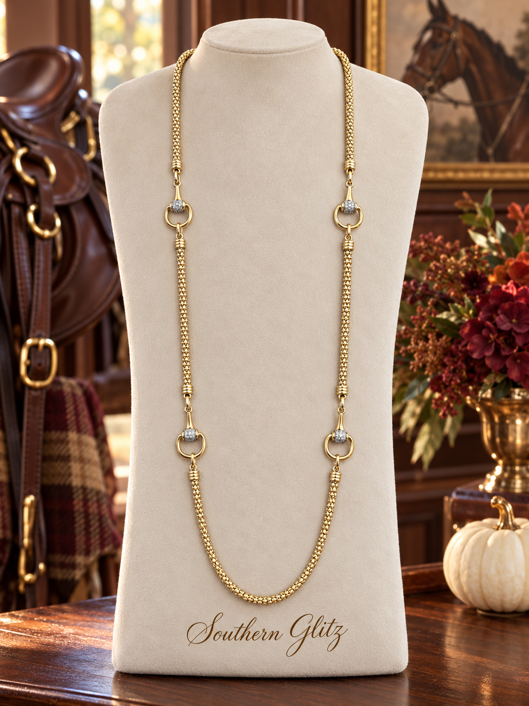 Gold Equestrian Horse Bit Necklace, Crystal Accent Long Necklace, Horse Lover Jewelry, Rider Gift, Equine Statement Necklace