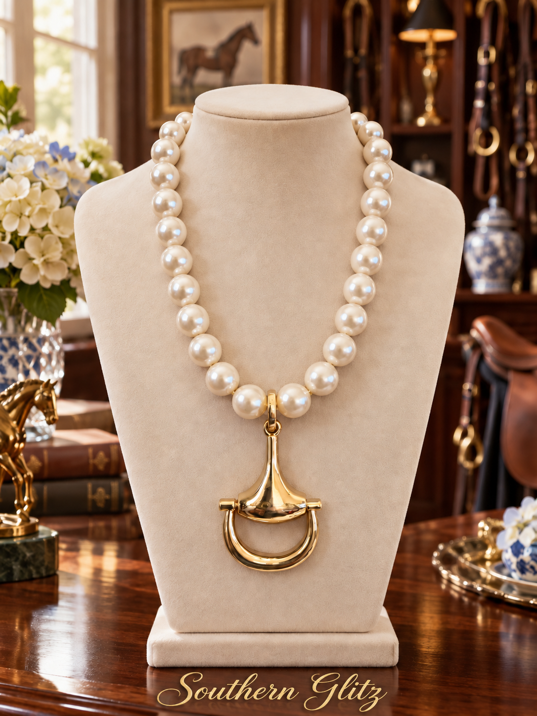 High End Shell Pearl Equestrian Necklace, Gold Horse Bit Pendant Necklace, Statement Pearl Horse Jewelry, Horse Lover Gift