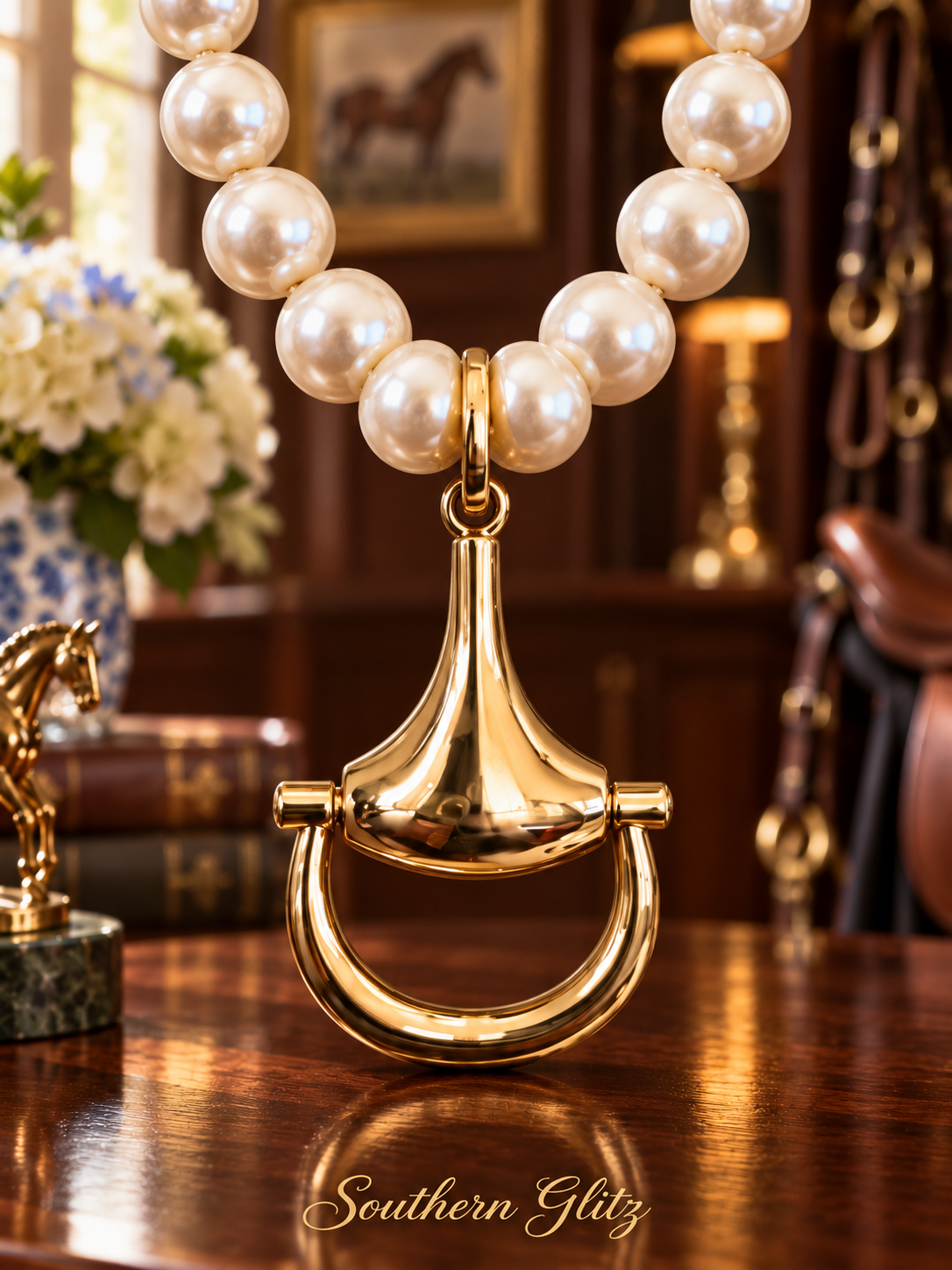 High End Shell Pearl Equestrian Necklace, Gold Horse Bit Pendant Necklace, Statement Pearl Horse Jewelry, Horse Lover Gift