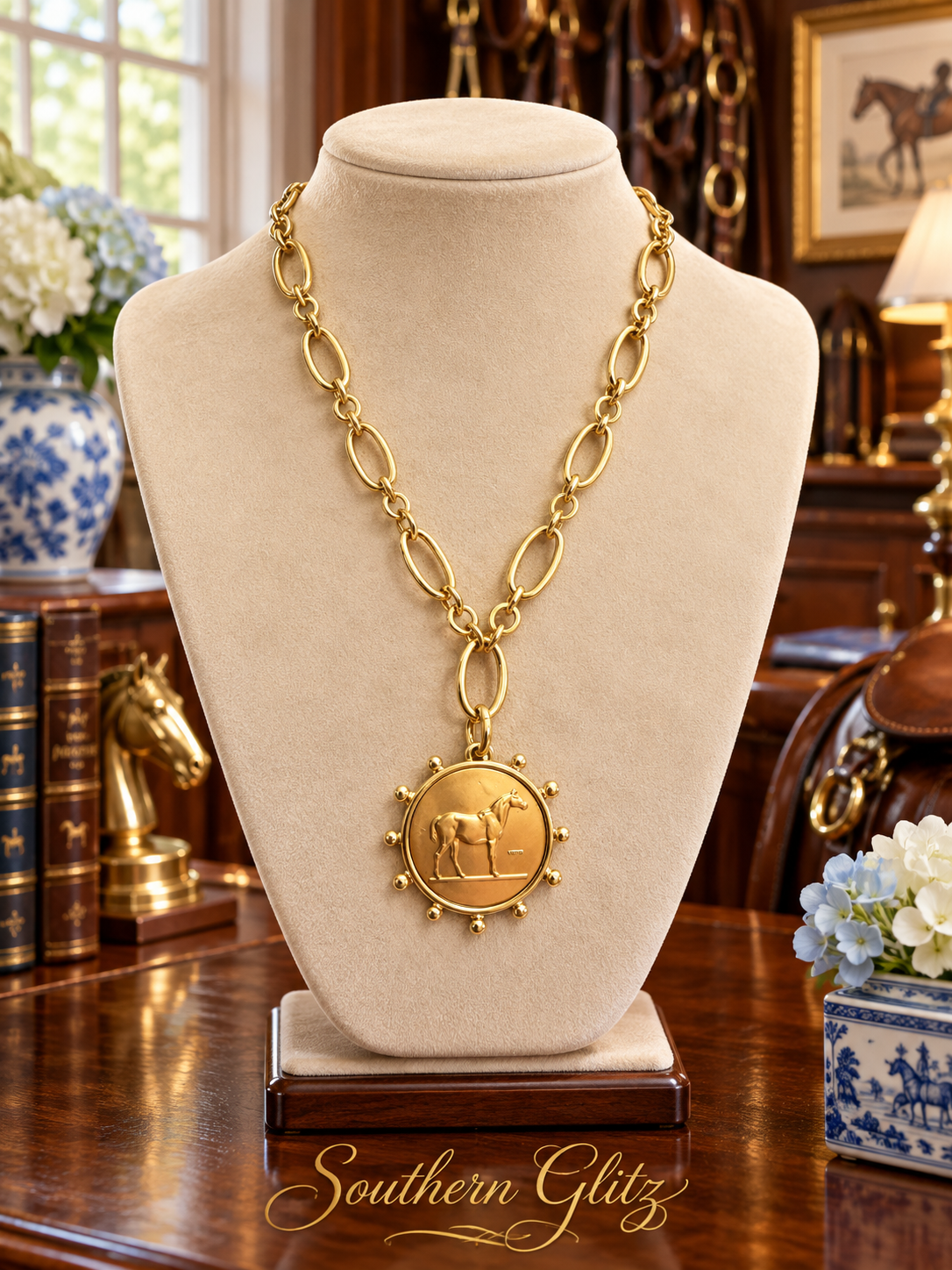 Gold Horse Medallion Necklace, Equestrian Statement Necklace, Horse Lover Jewelry, Vintage Style Equine Pendant, Rider Gift