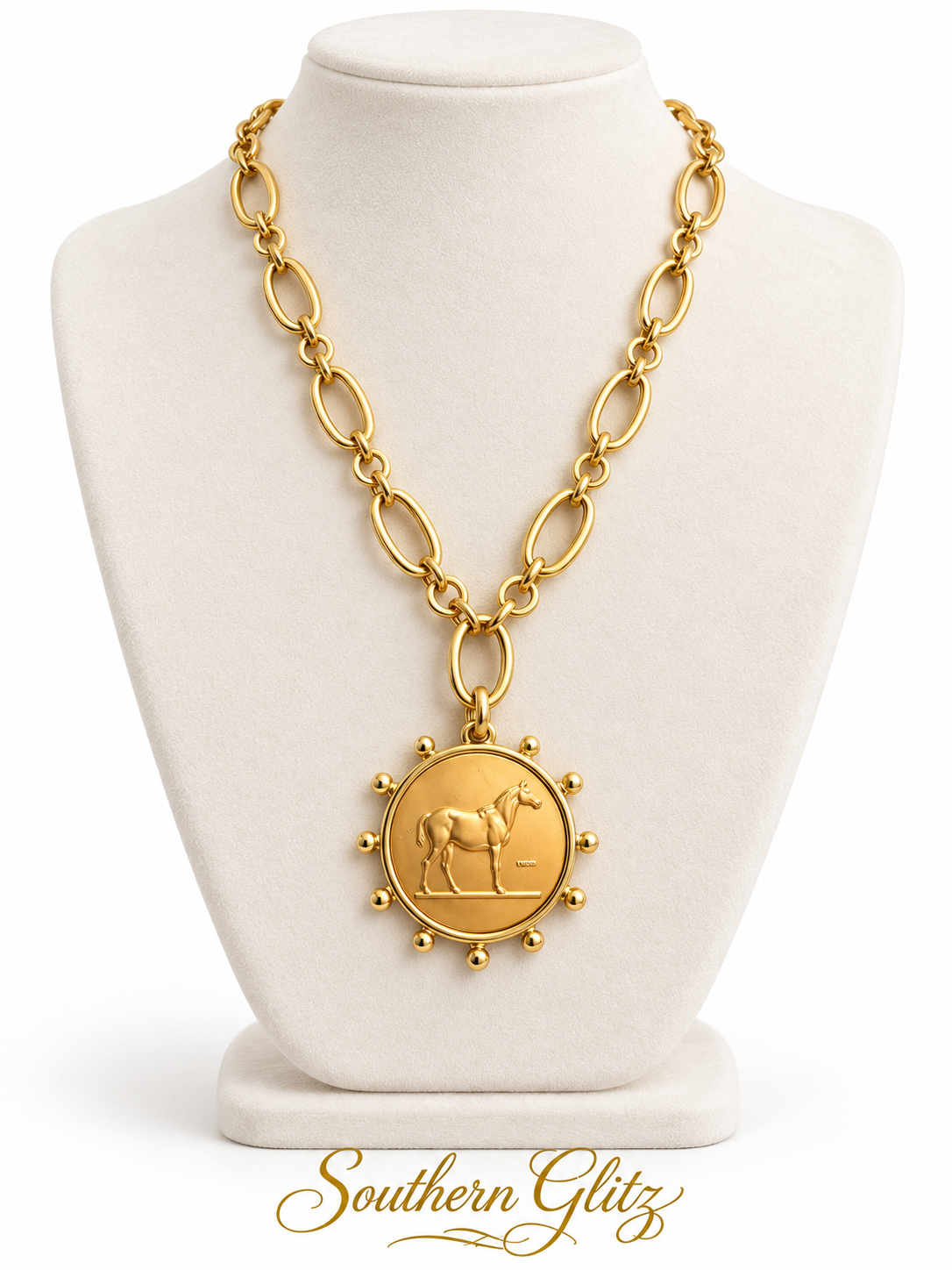 Gold Horse Medallion Necklace, Equestrian Statement Necklace, Horse Lover Jewelry, Vintage Style Equine Pendant, Rider Gift