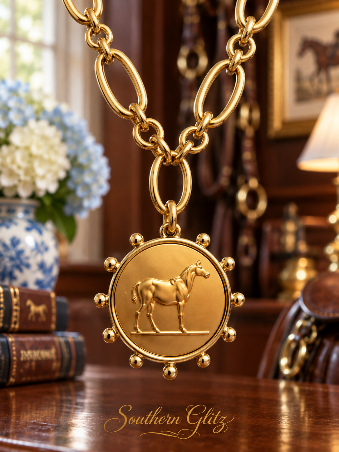 Gold Horse Medallion Necklace, Equestrian Statement Necklace, Horse Lover Jewelry, Vintage Style Equine Pendant, Rider Gift