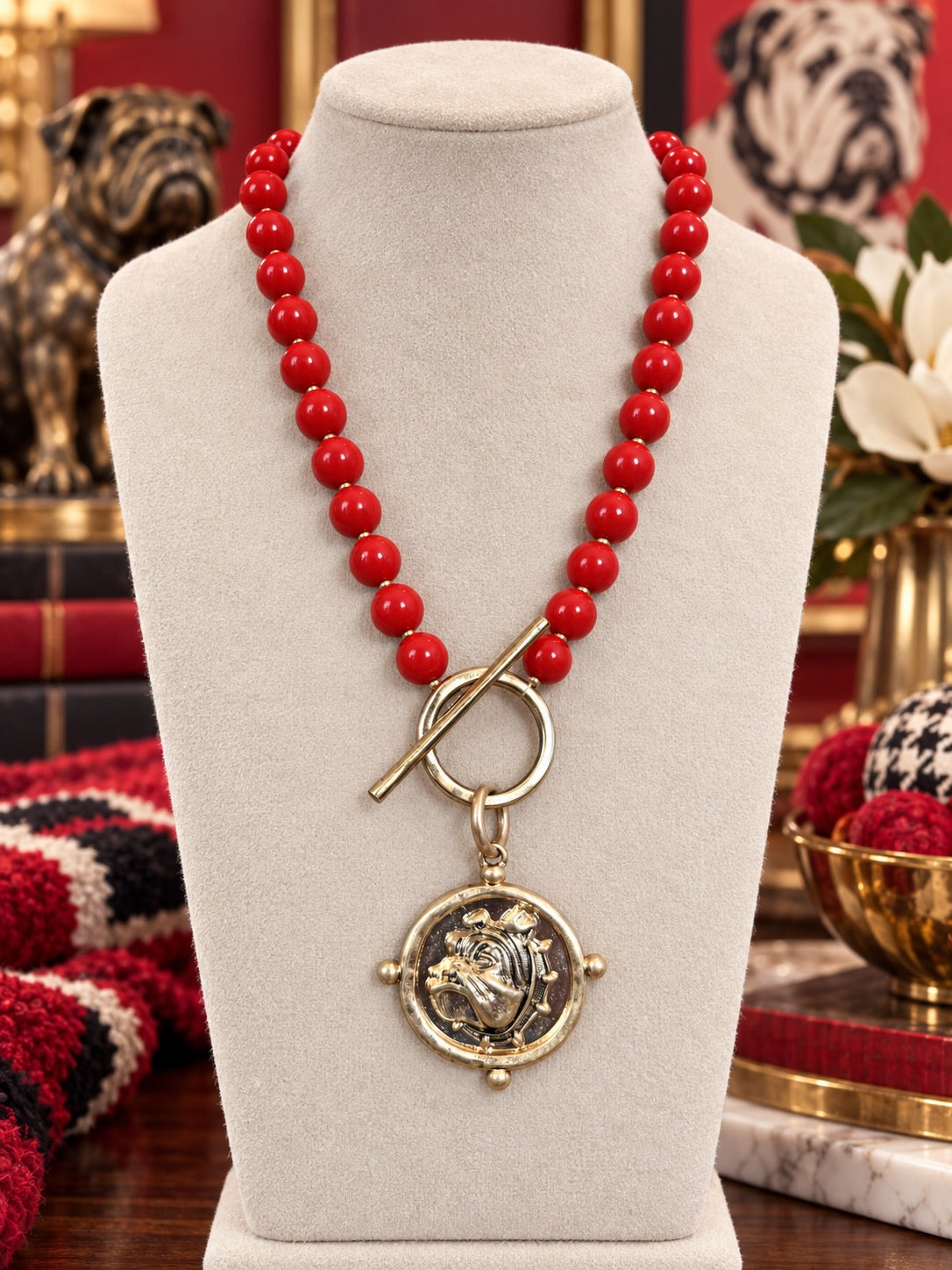 Red Beaded Bulldog Necklace, Gold Toggle Statement Necklace, Game Day Jewelry, Bulldog Fan Gift, Boutique Team Spirit Necklace