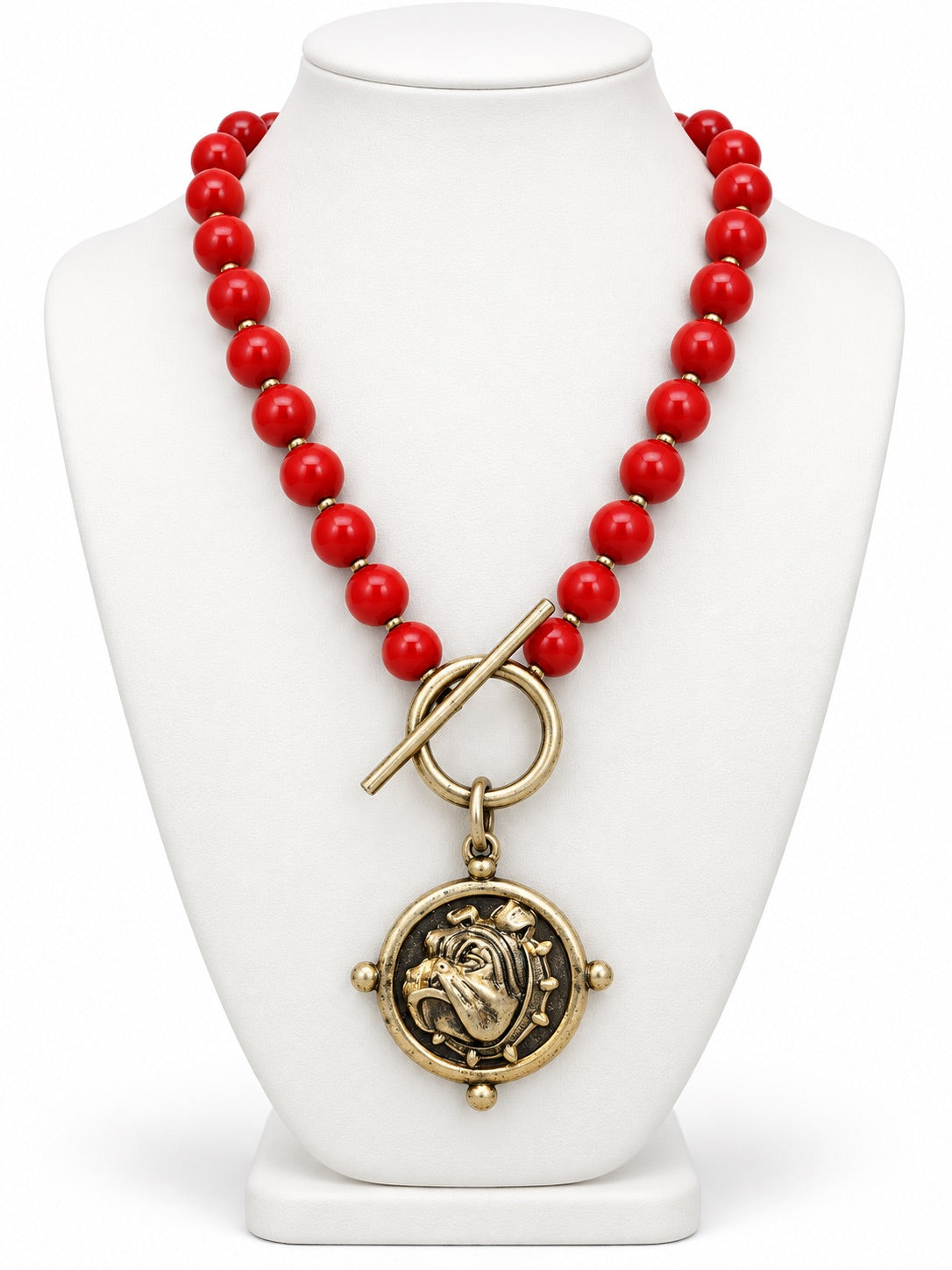 Red Beaded Bulldog Necklace, Gold Toggle Statement Necklace, Game Day Jewelry, Bulldog Fan Gift, Boutique Team Spirit Necklace