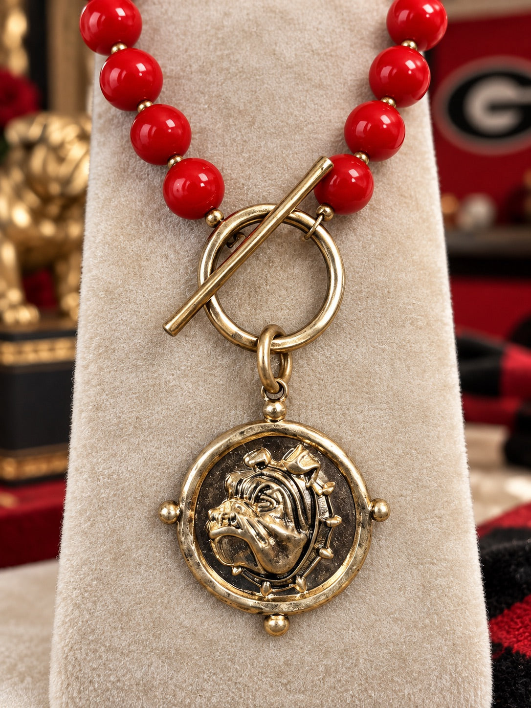Red Beaded Bulldog Necklace, Gold Toggle Statement Necklace, Game Day Jewelry, Bulldog Fan Gift, Boutique Team Spirit Necklace