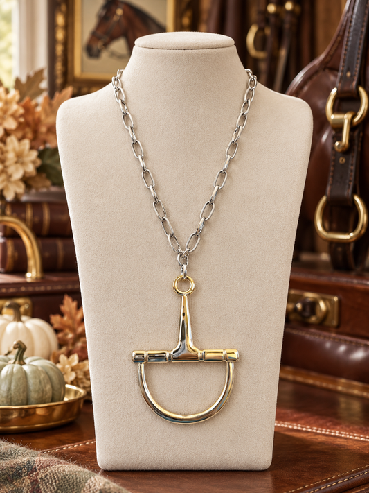 Two Tone Horse Bit Necklace, Gold Equestrian Pendant Necklace, Silver Link Chain, Statement Horse Jewelry, Equestrian Gift