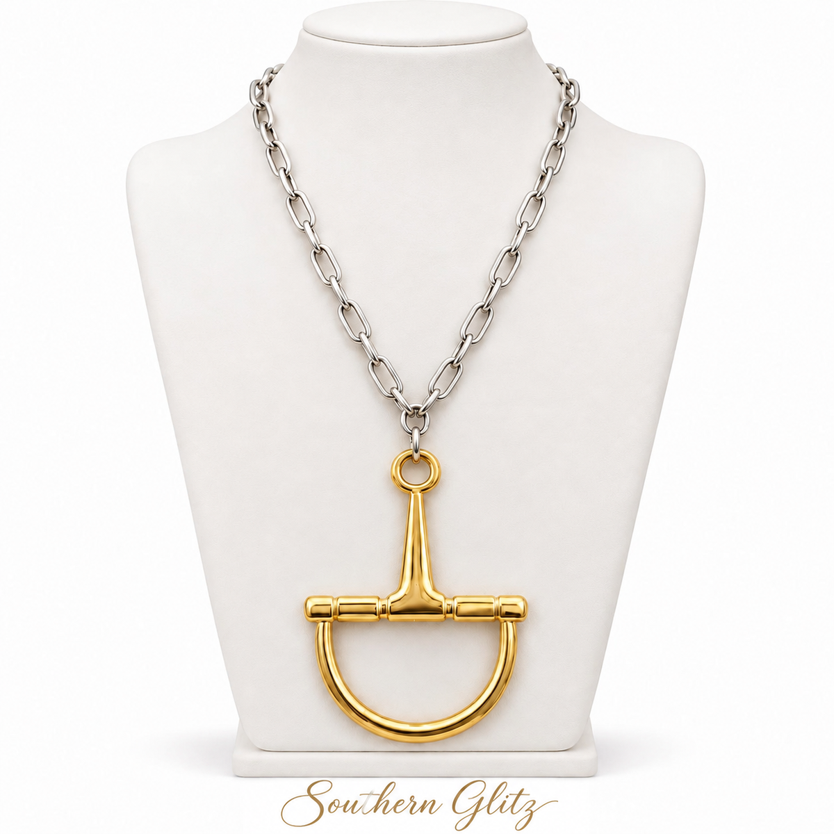 Two Tone Horse Bit Necklace, Gold Equestrian Pendant Necklace, Silver Link Chain, Statement Horse Jewelry, Equestrian Gift