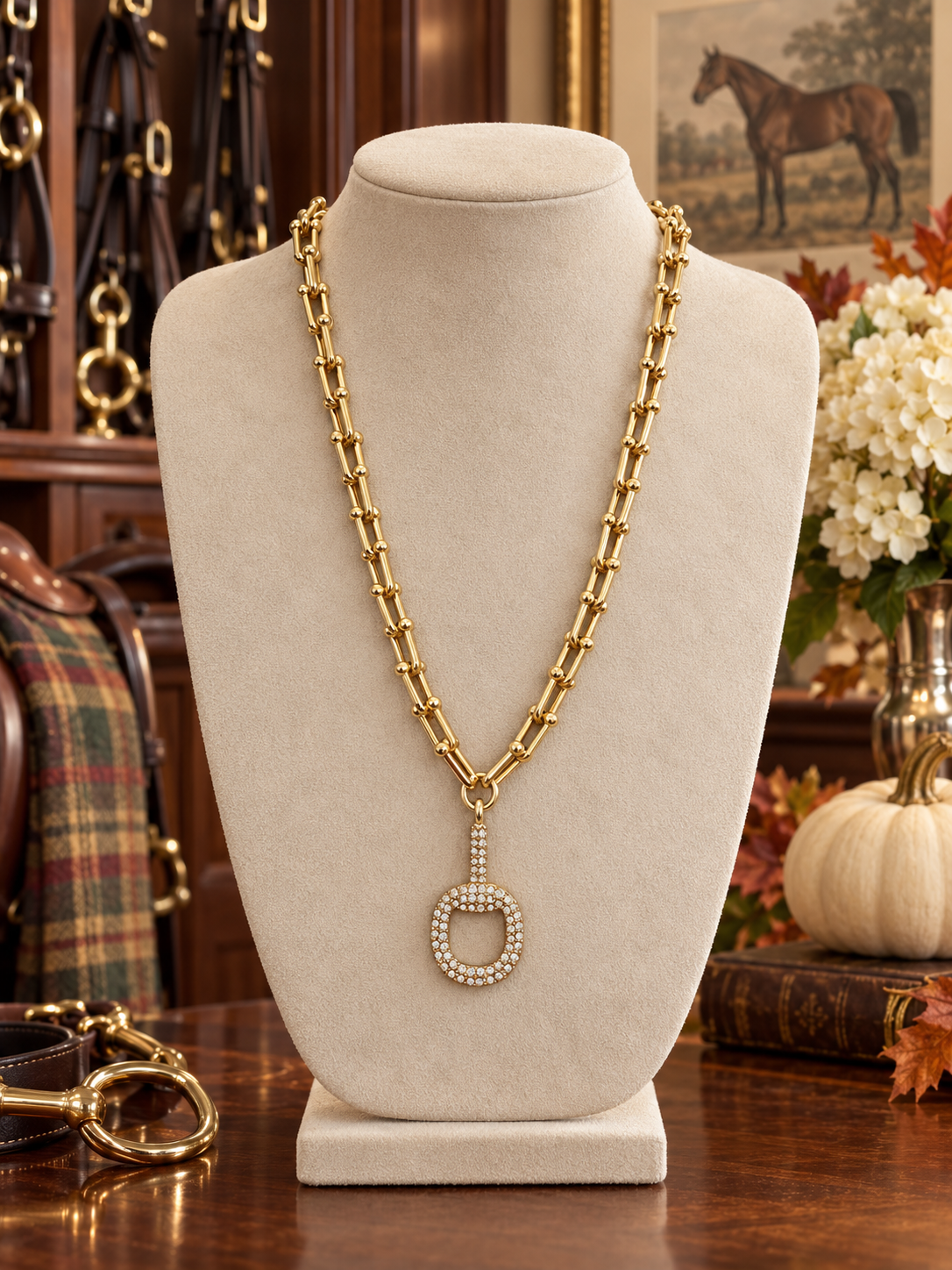 Gold Stirrup Necklace, Pave Equestrian Pendant Necklace, Statement Gold Chain, Horse Lover Gift, Equestrian Jewelry for Women