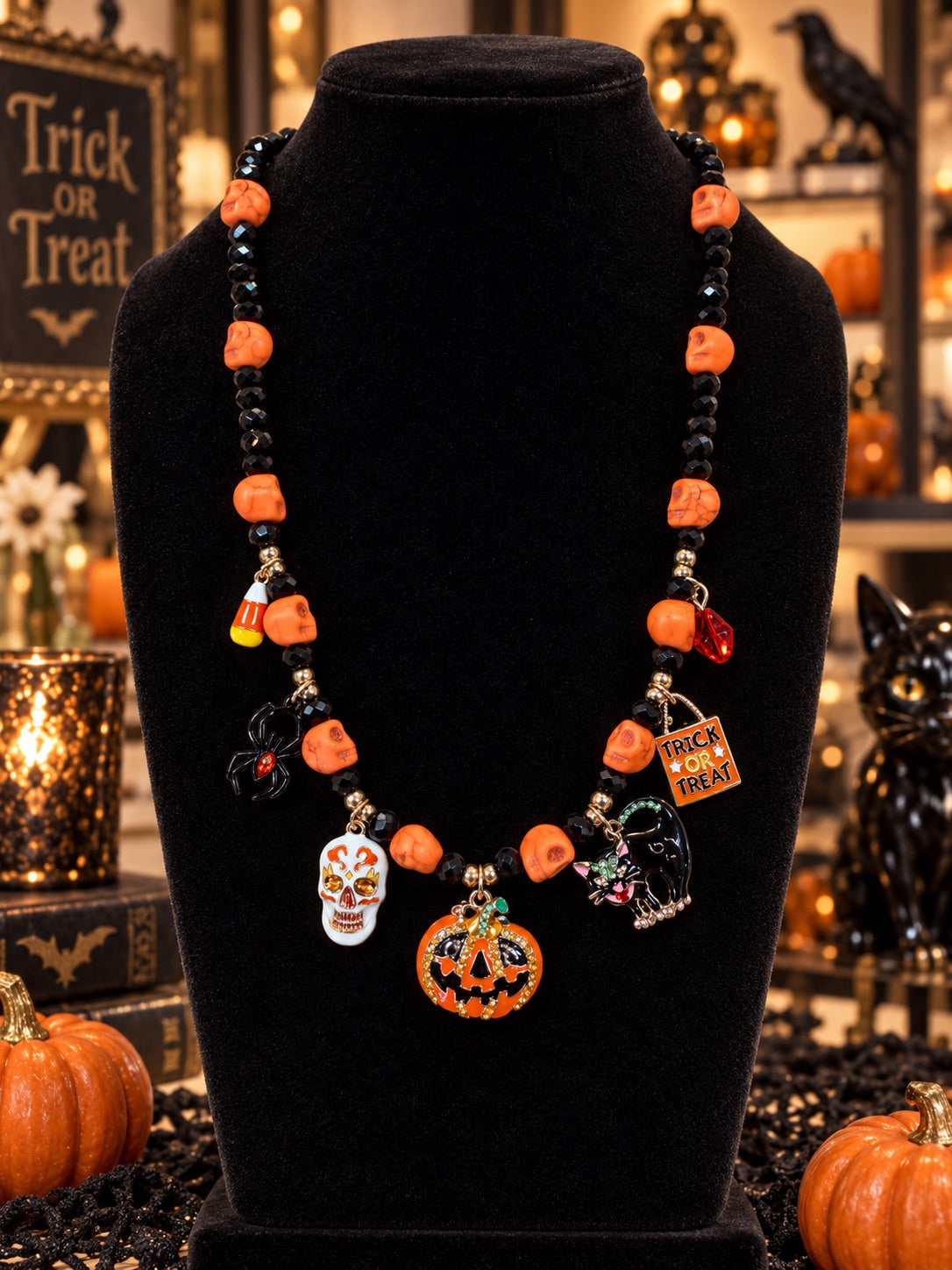 Halloween Skull & Pumpkin Charm Necklace, Black and Orange Beaded Statement Necklace, Spooky Jewelry, Halloween Jewelry Gift