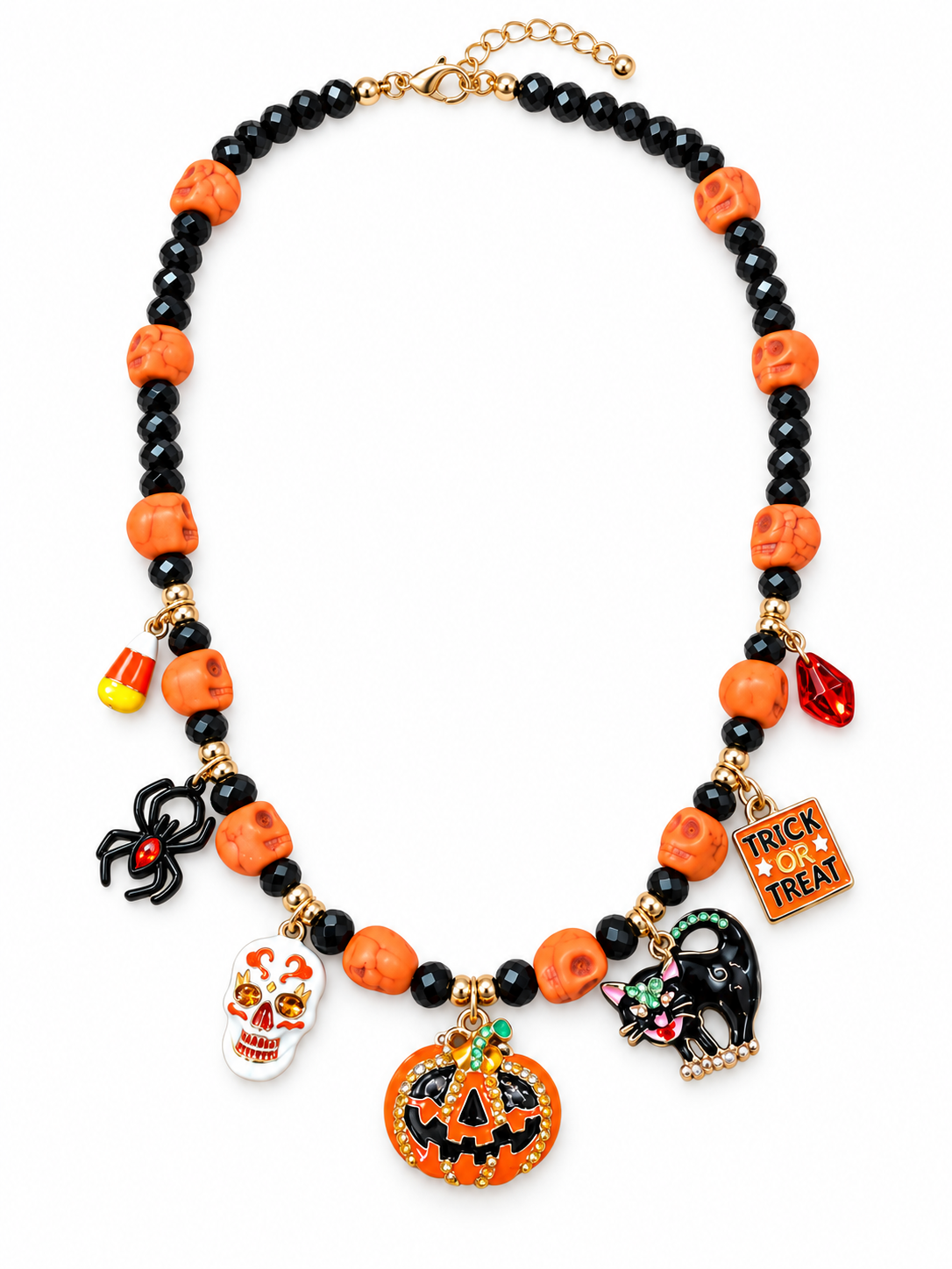 Halloween Skull & Pumpkin Charm Necklace, Black and Orange Beaded Statement Necklace, Spooky Jewelry, Halloween Jewelry Gift