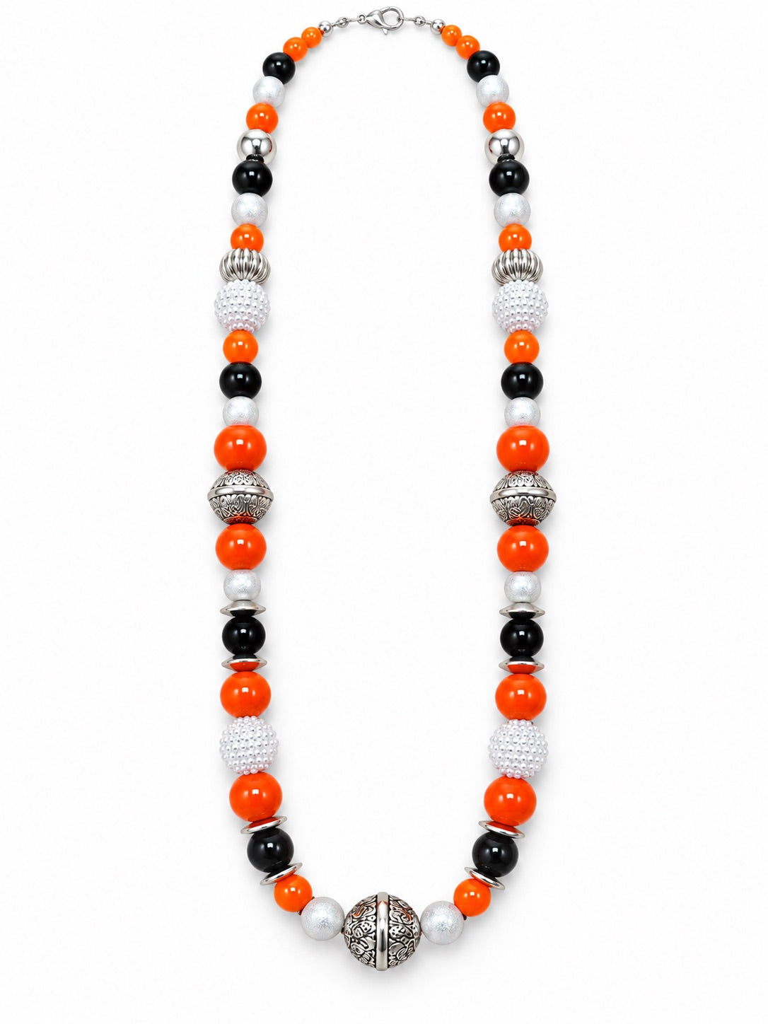 Orange Black & Silver Beaded Statement Necklace, Halloween Color Jewelry, Chunky Bead Necklace, Fall Boutique Necklace