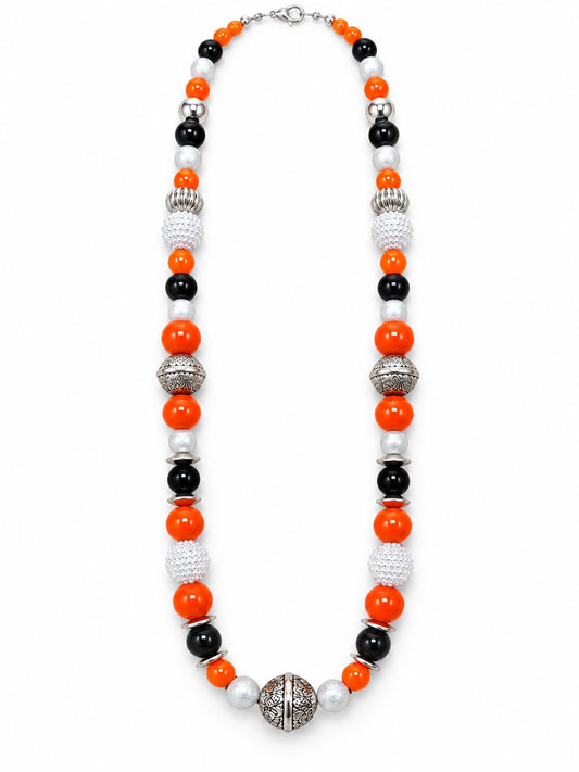 Orange Black & Silver Beaded Statement Necklace, Halloween Color Jewelry, Chunky Bead Necklace, Fall Boutique Necklace