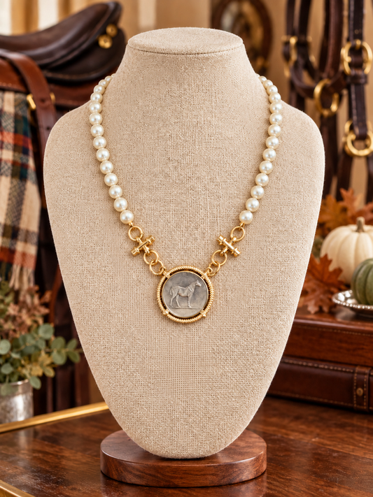 Pearl Horse Medallion Necklace, Two Tone Equestrian Jewelry, Gold Horse Coin Pendant, Horse Lover Gift, Rider Necklace