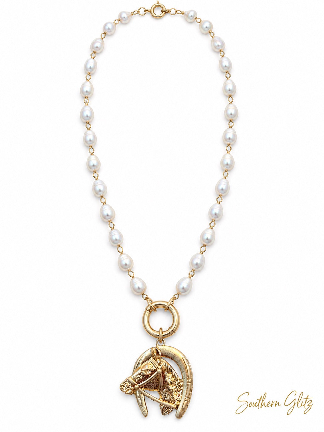 Pearl Horse Head Necklace, Gold Equestrian Pendant Necklace, Horseshoe Jewelry, Horse Lover Gift, Long Rider Necklace