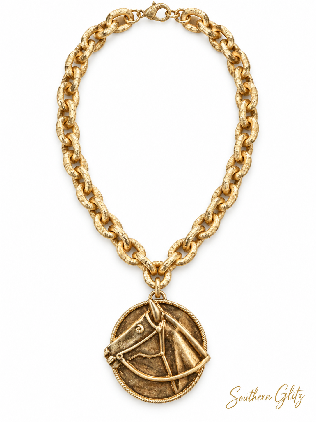 Gold Horse Head Medallion Necklace, Equestrian Statement Jewelry, Chunky Chain Horse Necklace, Rider Gift, Horse Lover Jewelry