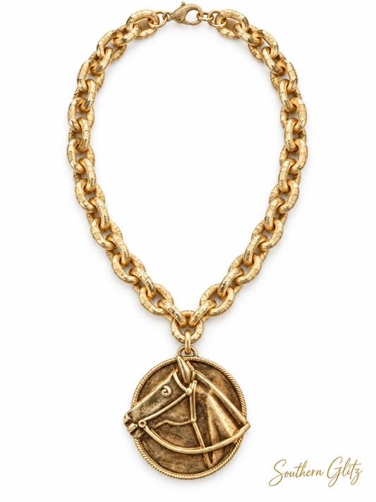 Gold Horse Head Medallion Necklace, Equestrian Statement Jewelry, Chunky Chain Horse Necklace, Rider Gift, Horse Lover Jewelry