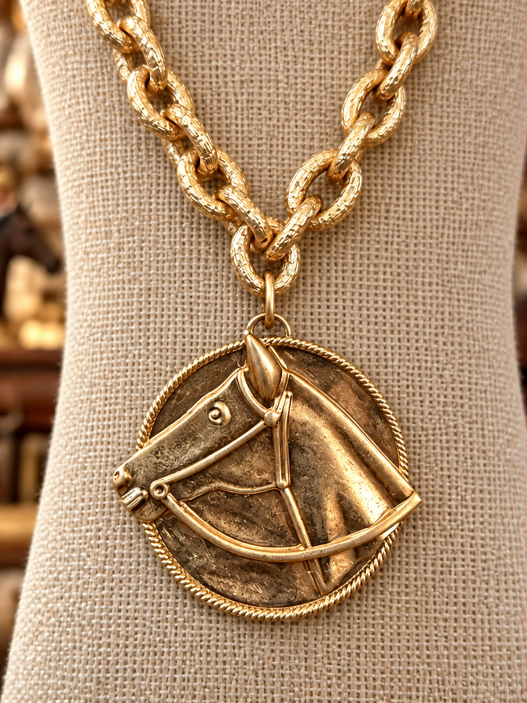 Gold Horse Head Medallion Necklace, Equestrian Statement Jewelry, Chunky Chain Horse Necklace, Rider Gift, Horse Lover Jewelry