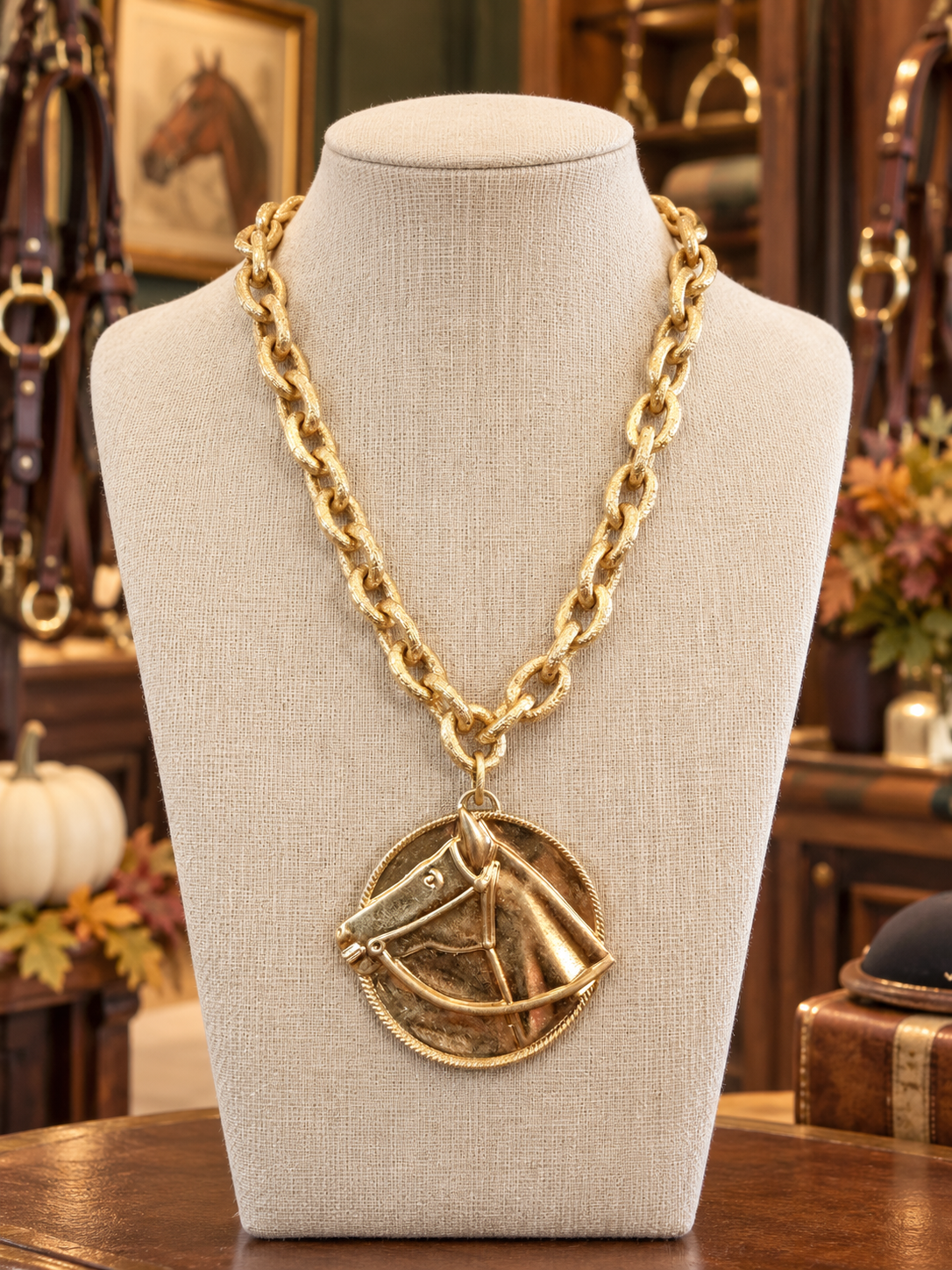 Gold Horse Head Medallion Necklace, Equestrian Statement Jewelry, Chunky Chain Horse Necklace, Rider Gift, Horse Lover Jewelry