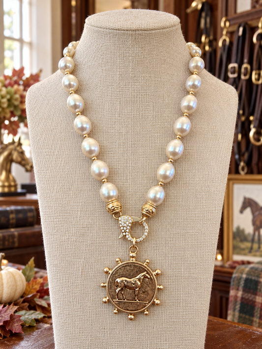Gold Horse Medallion Pearl Necklace, Equestrian Statement Jewelry, Horse Lover Necklace, Vintage Inspired Rider Gift