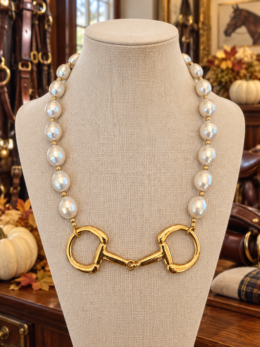 Pearl Horse Bit Necklace, Gold Equestrian Statement Necklace, Horse Lover Jewelry, Snaffle Bit Necklace, Rider Gift