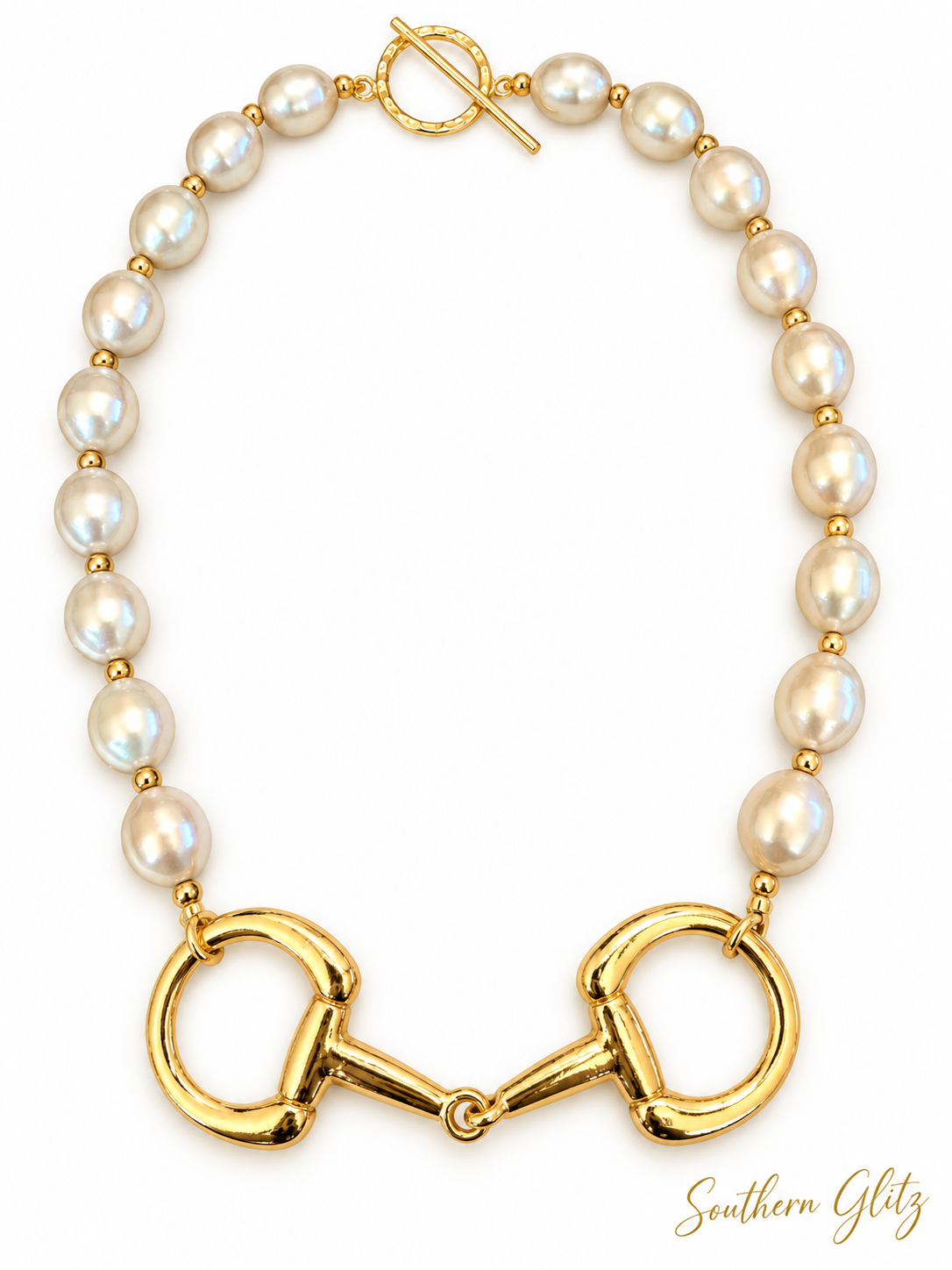 Pearl Horse Bit Necklace, Gold Equestrian Statement Necklace, Horse Lover Jewelry, Snaffle Bit Necklace, Rider Gift