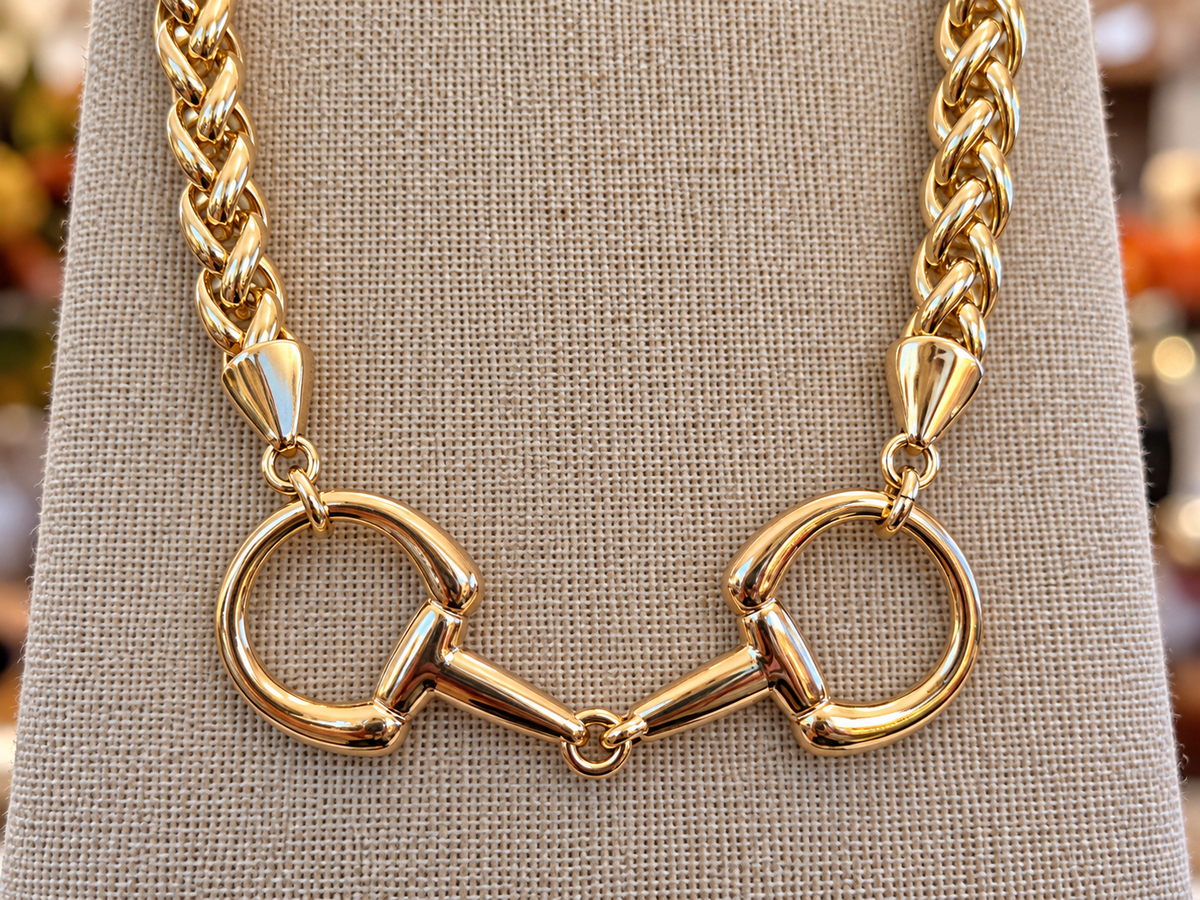 Gold Horse Bit Necklace, Equestrian Statement Necklace, Snaffle Bit Jewelry, Gold Chain Necklace, Horse Lover Gift for Rider