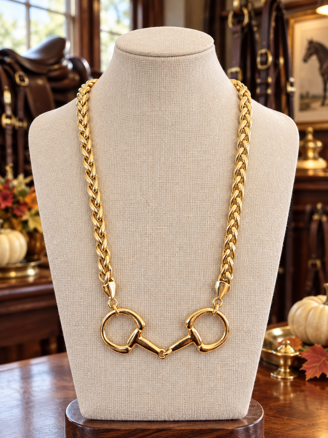 Gold Horse Bit Necklace, Equestrian Statement Necklace, Snaffle Bit Jewelry, Gold Chain Necklace, Horse Lover Gift for Rider