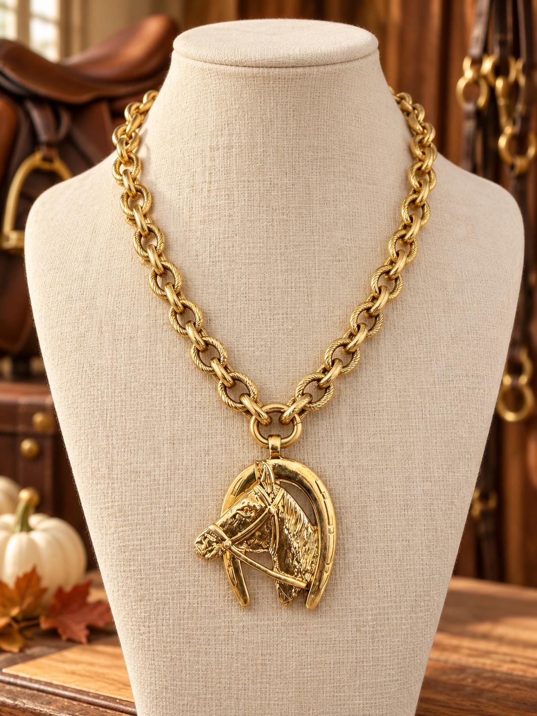 Gold Horse Head Horseshoe Necklace, Equestrian Statement Jewelry, Chunky Chain Necklace, Horse Lover Gift for Rider