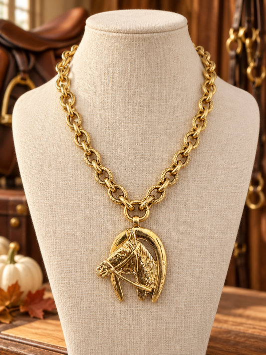 Gold Horse Head Horseshoe Necklace, Equestrian Statement Jewelry, Chunky Chain Necklace, Horse Lover Gift for Rider