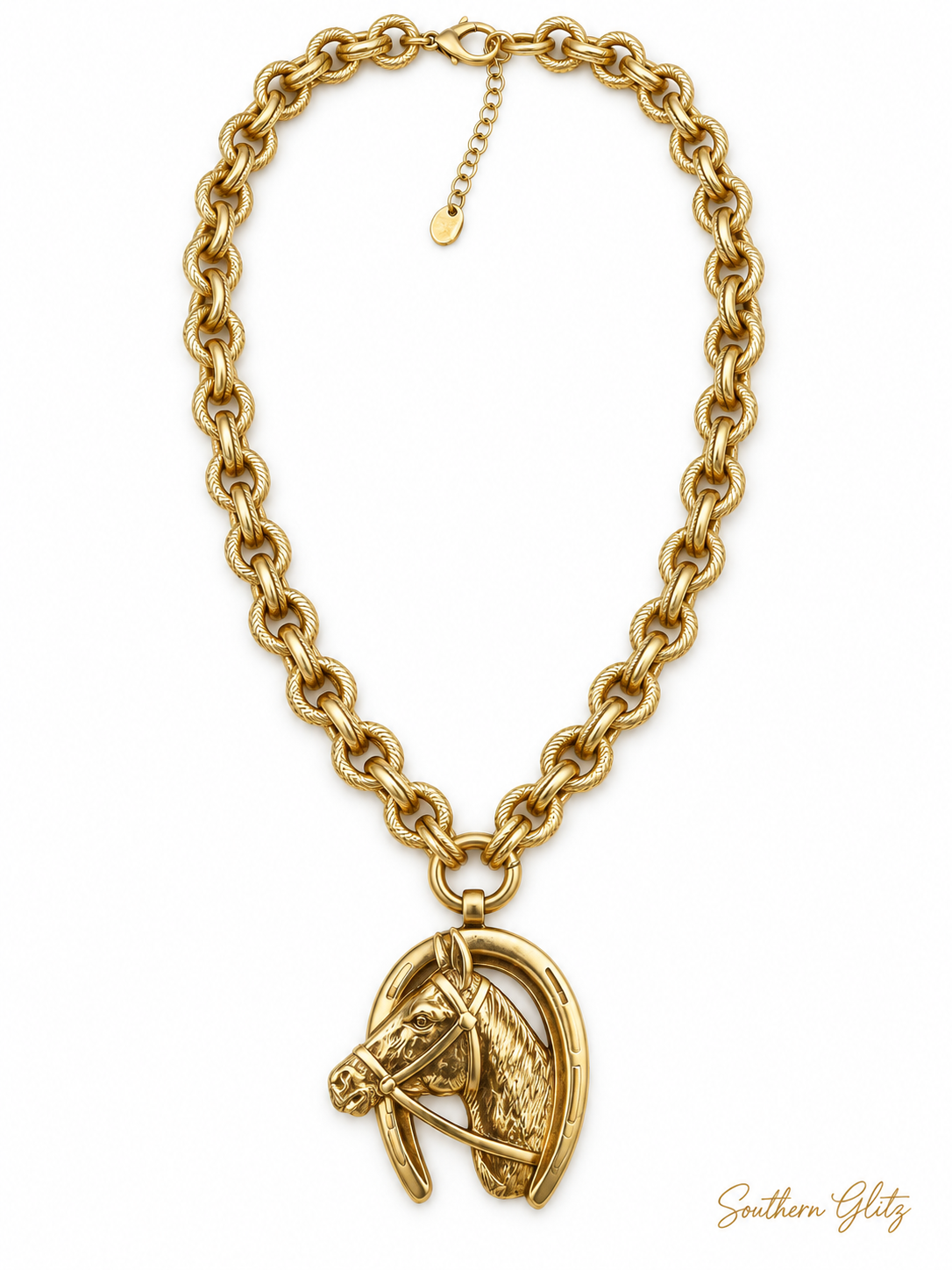 Gold Horse Head Horseshoe Necklace, Equestrian Statement Jewelry, Chunky Chain Necklace, Horse Lover Gift for Rider