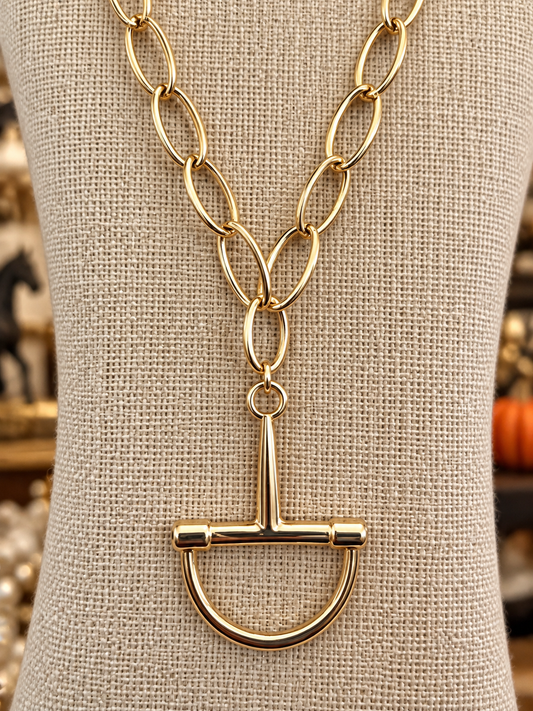 Gold Horse Bit Pendant Necklace, Equestrian Jewelry, Gold Oval Link Chain, Horse Lover Gift, Statement Necklace for Rider