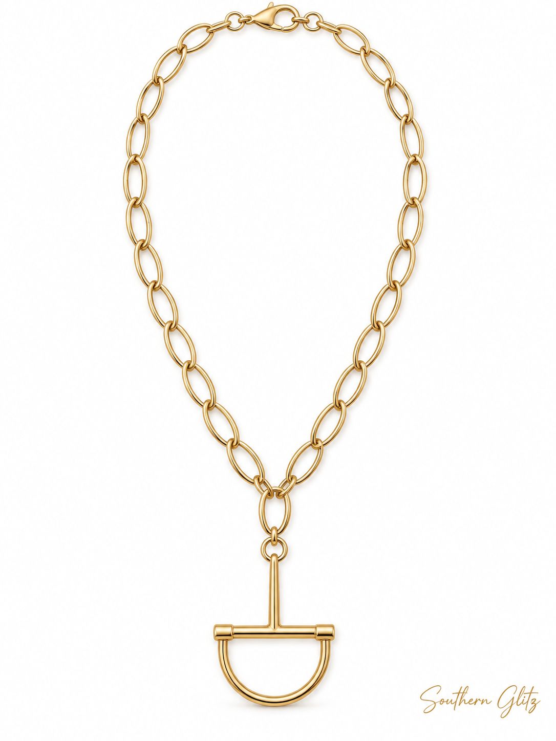 Gold Horse Bit Pendant Necklace, Equestrian Jewelry, Gold Oval Link Chain, Horse Lover Gift, Statement Necklace for Rider