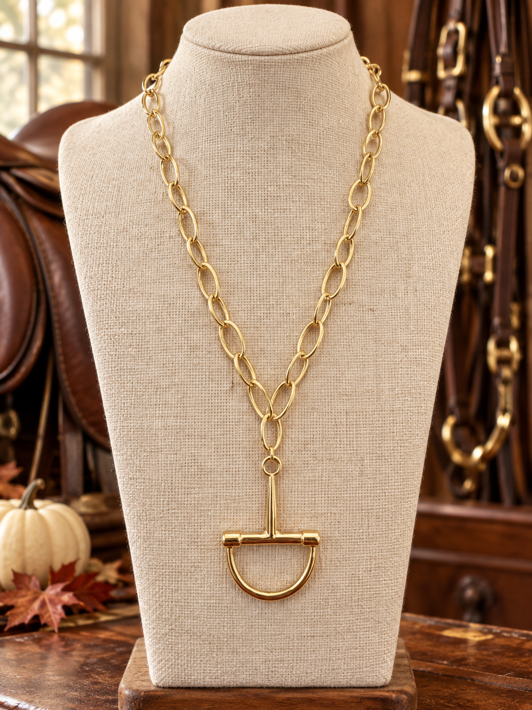 Gold Horse Bit Pendant Necklace, Equestrian Jewelry, Gold Oval Link Chain, Horse Lover Gift, Statement Necklace for Rider
