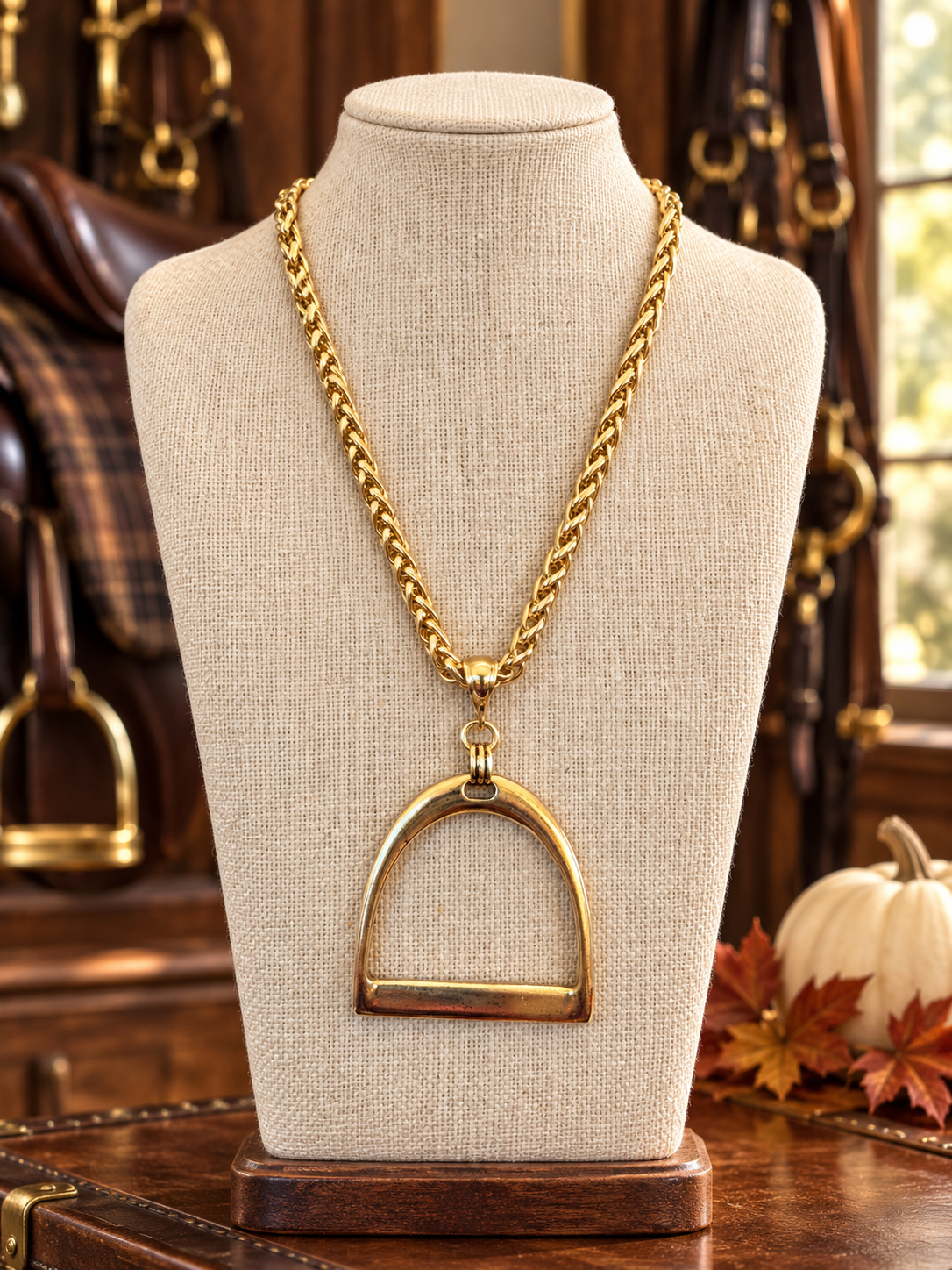 Gold Stirrup Pendant Necklace, Equestrian Statement Necklace, Horse Lover Jewelry, Gold Tone Chunky Chain, Riding Gift for Her