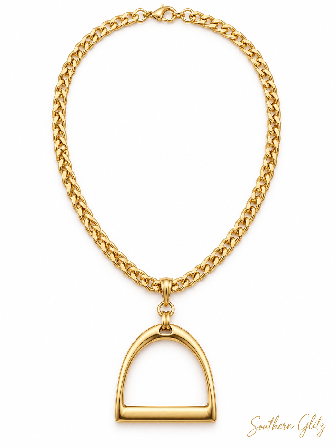 Gold Stirrup Pendant Necklace, Equestrian Statement Necklace, Horse Lover Jewelry, Gold Tone Chunky Chain, Riding Gift for Her