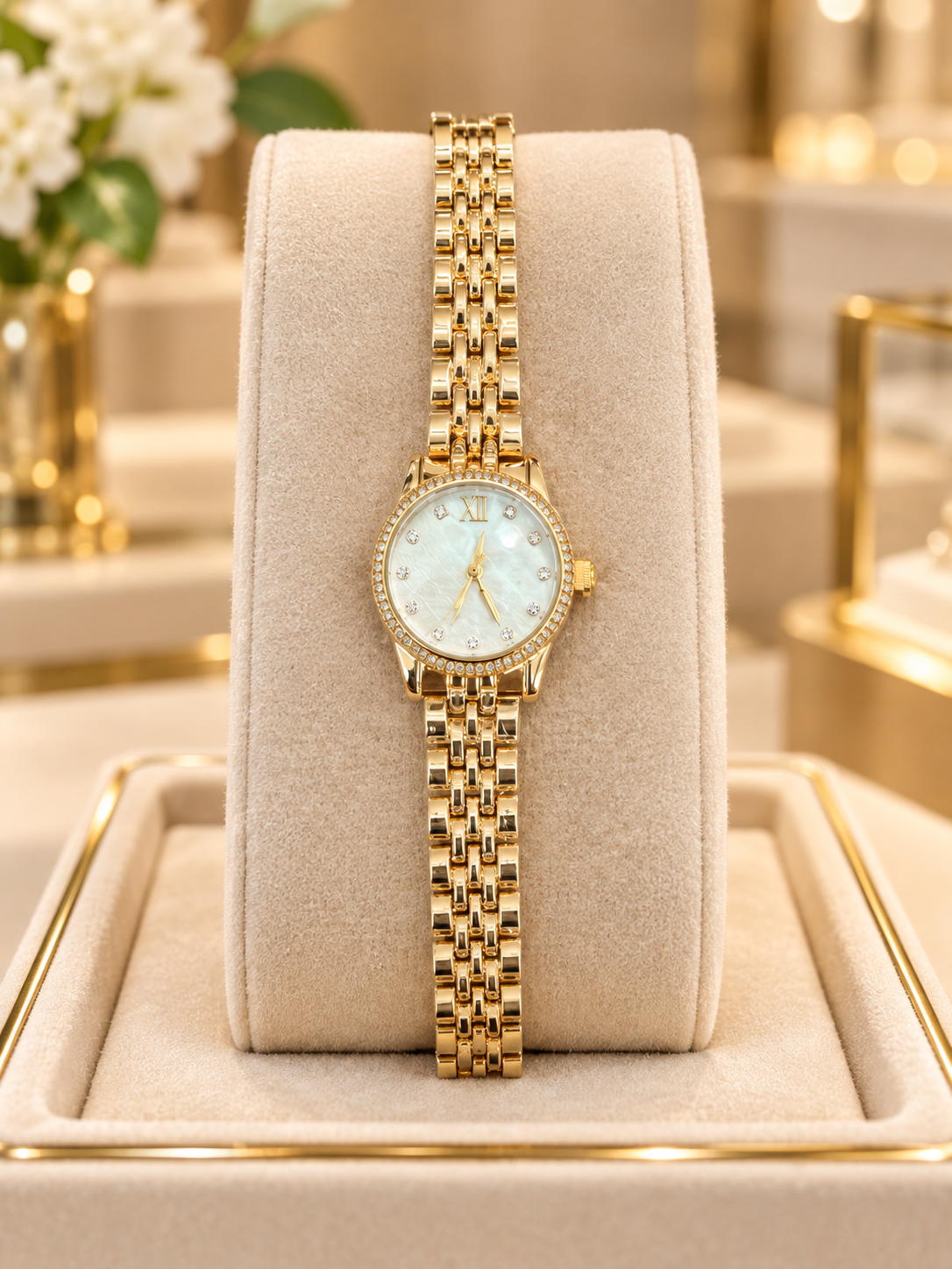 Gold Tone Women’s Watch, Crystal Accent Bracelet Watch, Iridescent Dial Watch, Elegant Gold Jewelry Watch, Gift for Her