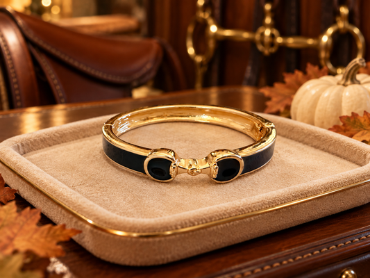 Black Enamel Horse Bit Bracelet, Gold Equestrian Bangle, Snaffle Bit Bracelet, Horse Lover Jewelry, Equestrian Gift for Her