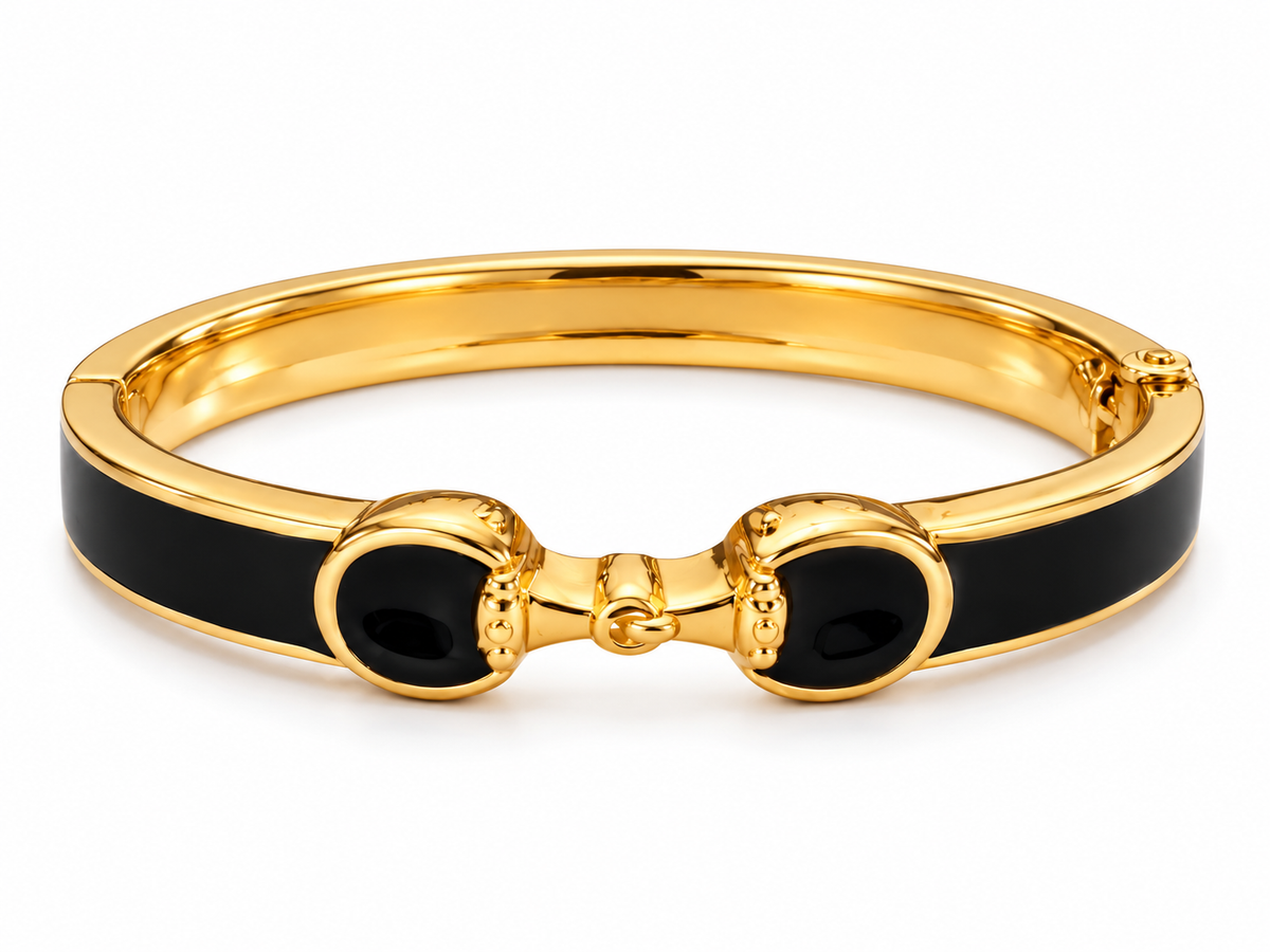 Black Enamel Horse Bit Bracelet, Gold Equestrian Bangle, Snaffle Bit Bracelet, Horse Lover Jewelry, Equestrian Gift for Her