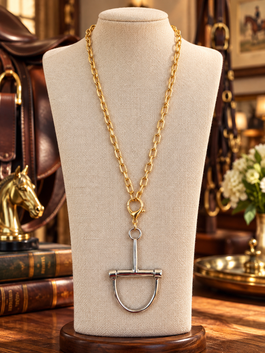 Two Tone Snaffle Bit Necklace, Gold Chain Silver Horse Bit Pendant, Equestrian Jewelry, Horse Lover Gift, Statement Necklace