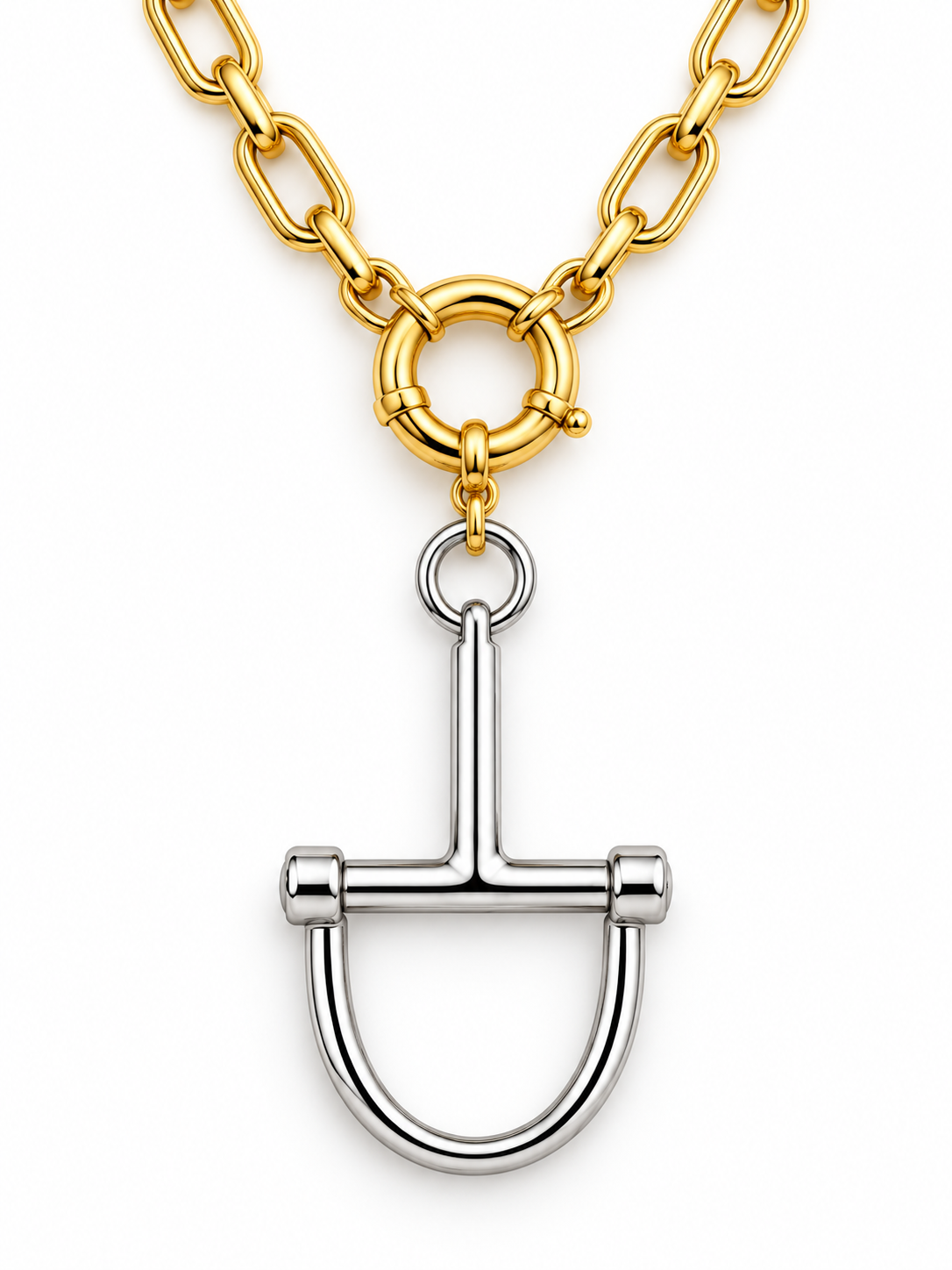 Two Tone Snaffle Bit Necklace, Gold Chain Silver Horse Bit Pendant, Equestrian Jewelry, Horse Lover Gift, Statement Necklace
