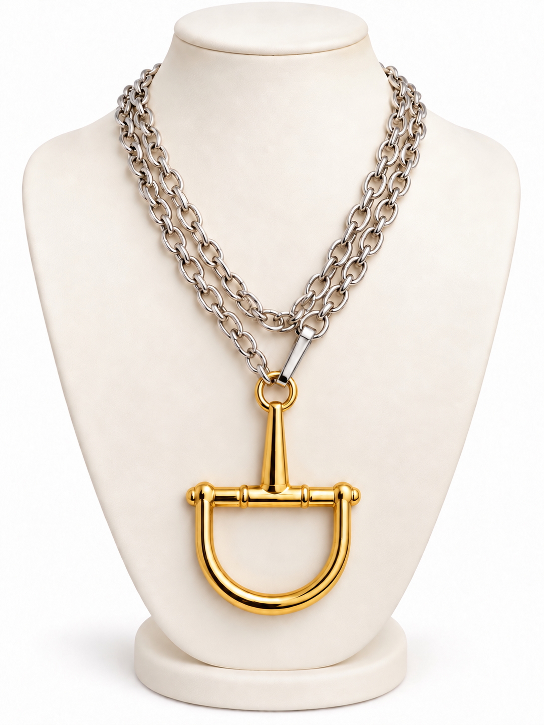 Gold Snaffle Bit Pendant Necklace, Silver Multi Strand Chain, Two Tone Equestrian Statement Necklace, Horse Lover Gift